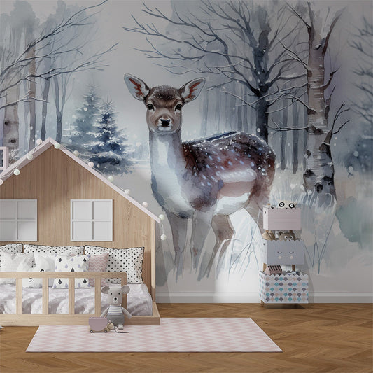 Tapete Hirsch | Schneewald mit Hirsch in Aquarell