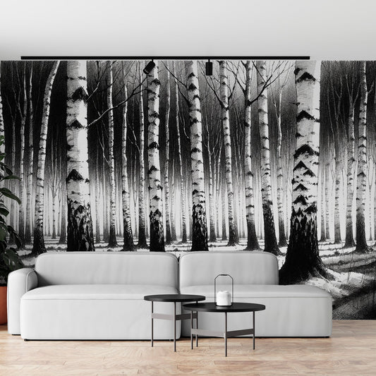 Tapete Birke | Schwarz-weiße Zeichnung eines Birkenwaldes