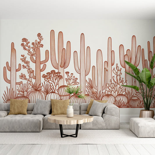 Kaktus Tapete | Terrakotta Farben auf weißem Hintergrund