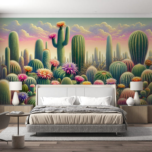 Kaktus Tapete | Blumen und bunter Himmel Tapete