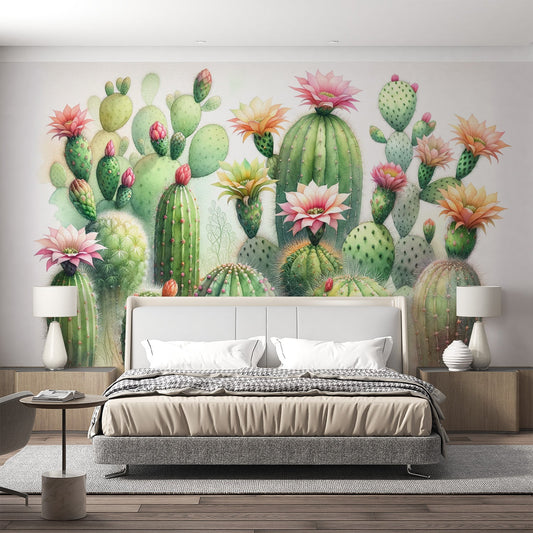 Kaktus Tapete | Bunte Aquarellblumen Tapete