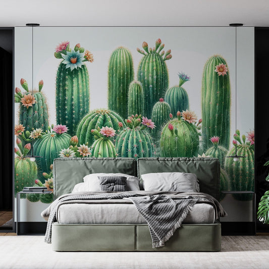 Kaktus Tapete | Bunte Blumen auf hellem Hintergrund