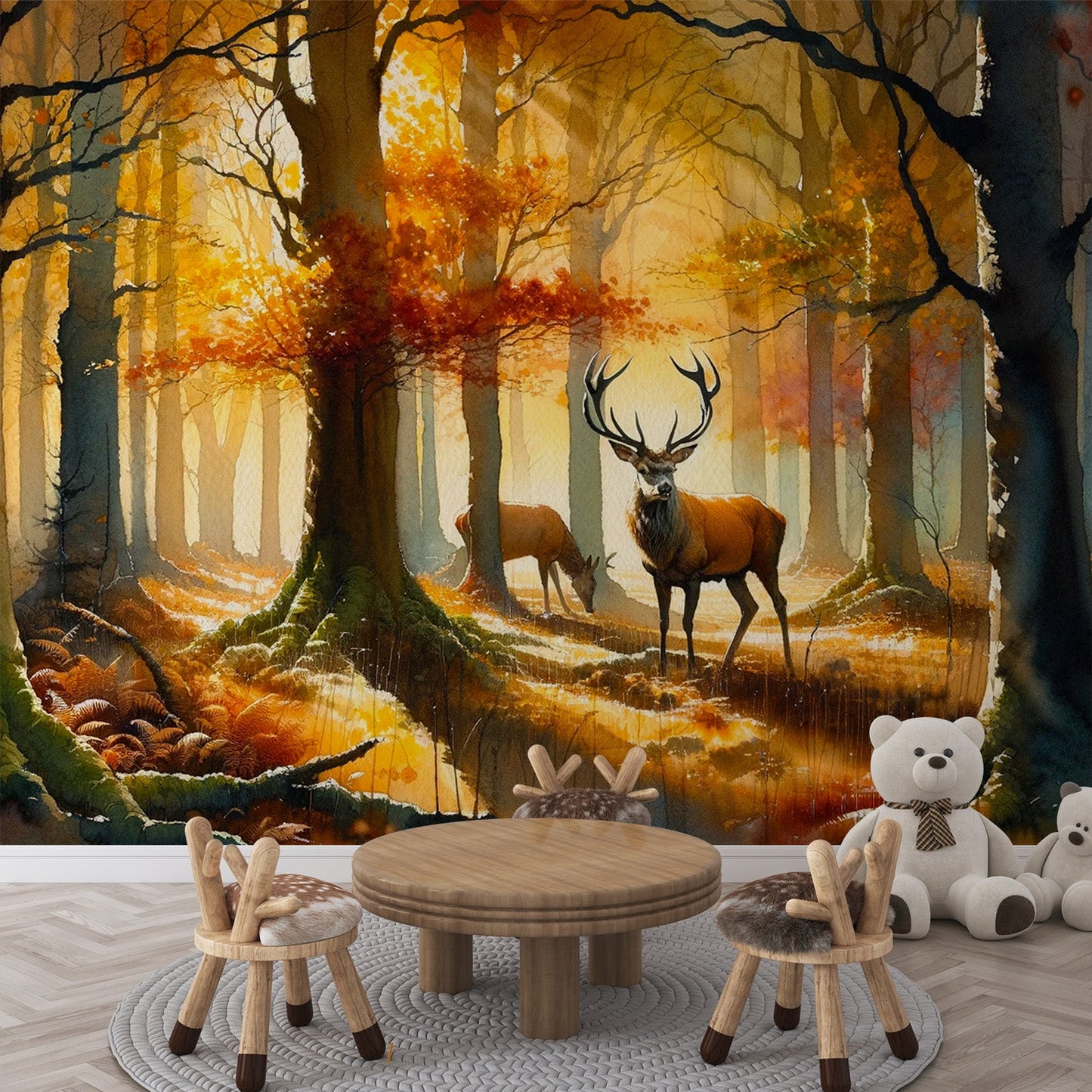 Tapete Hirsch | Aquarell Wald und Hirsch im Herbst