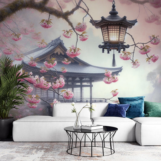 Kirschblüten Tapete | Traditionelle japanische Hütte mit Laterne