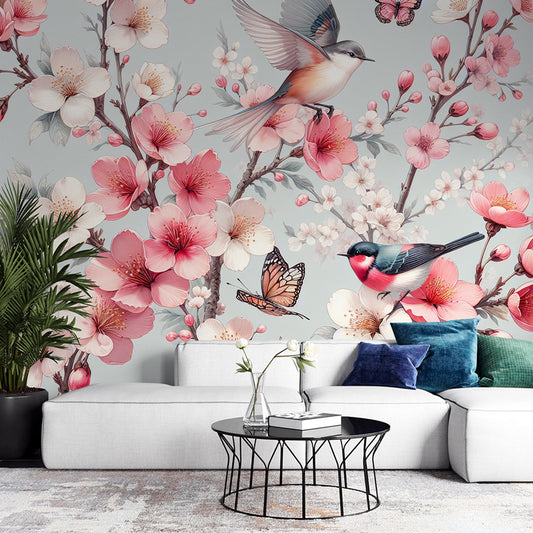 Kirschblüten Tapete | Rosa und weiße Kirschblüten mit Vögeln