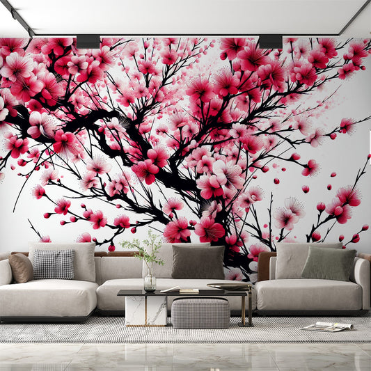 Kirschblüten Tapete | Rote Kirschblüten auf hellem Hintergrund