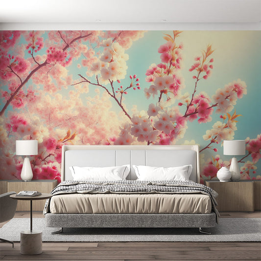 Kirschblüten Tapete | Realistische rosa und weiße Blumen mit blauem Himmel Tapete