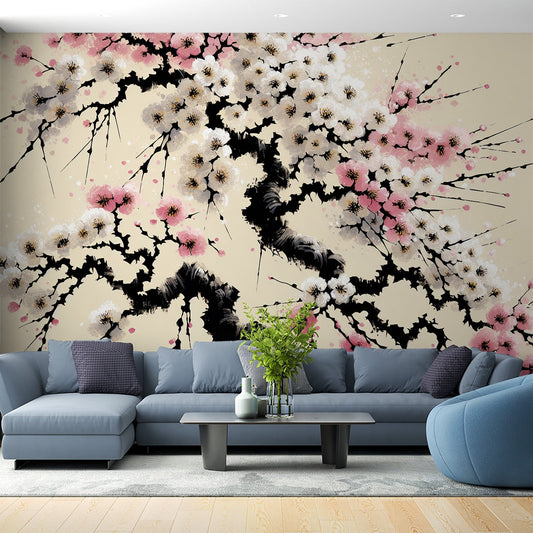 Kirschblüten Tapete | Beiger Hintergrund und rosa und weiße Kirschblüten