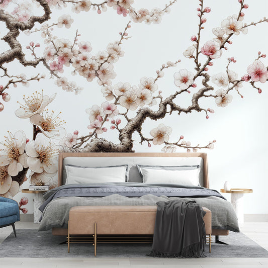 Kirschblüten Tapete | Weißer Hintergrund und offene weiße Kirschblüten