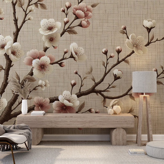 Kirschblüten Tapete | Vintage gewebter Hintergrund mit rosa und weißen Blumen