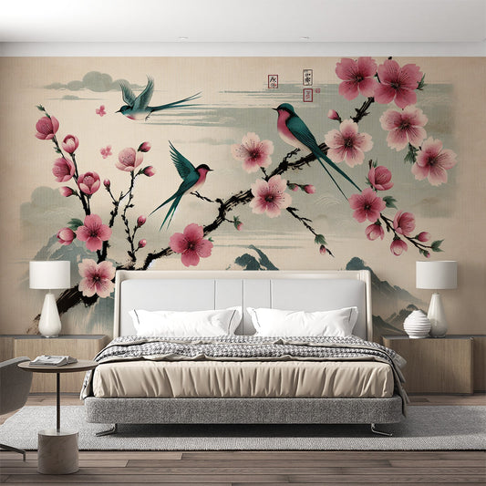Kirschblüten Tapete | Vögel, Berge und rosa Kirschblüten Tapete