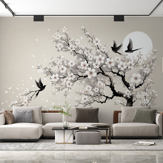 Kirschblüten Tapete | Vögel, Vollmond und weiße Kirschblüten Tapete