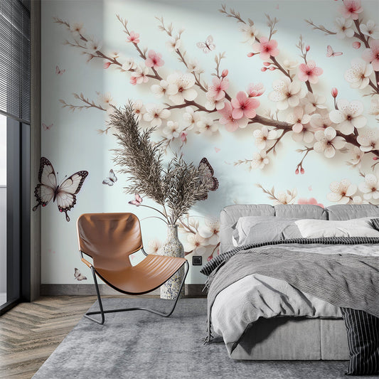 Kirschblüten Tapete | Schmetterlinge und rosa-weiße Blumen Tapete