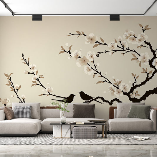 Kirschblüten Tapete | Schwarze Vogelsilhouette auf beigem Hintergrund