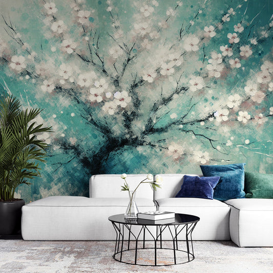 Kirschblüten Tapete | Tapete im blauen Ölgemälde-Stil mit weißen Blumen