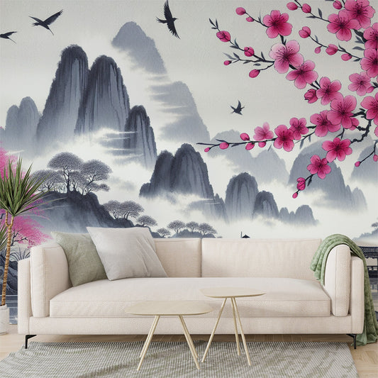 Kirschblüten Tapete | Vögel, ruhiger See und bergige Relief-Tapete