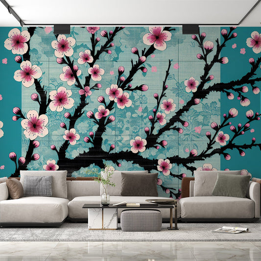 Kirschblüten Tapete | Altes blaues Hintergrund und rosa Blumen