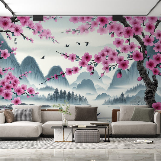 Kirschblüten Tapete | Kanu auf ruhigem See und bergigem Relief Tapete