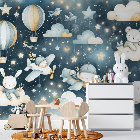 Tapete Kinderzimmer | Nachtblaue Aquarell mit Bär im Flugzeug
