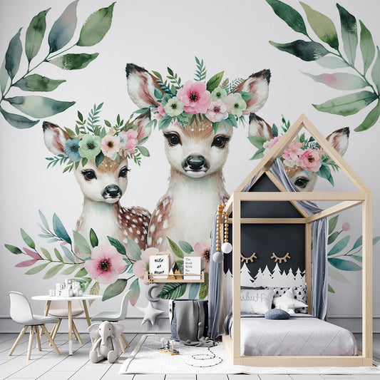 Tapete Kinderzimmer | Kronenhirsche mit bunten Blumen