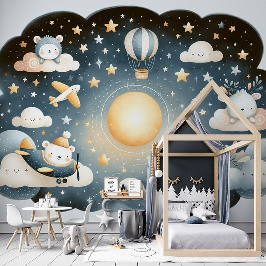 Tapete Kinderzimmer | Sterne, Bären und Flugzeuge auf dunkelblauem Hintergrund