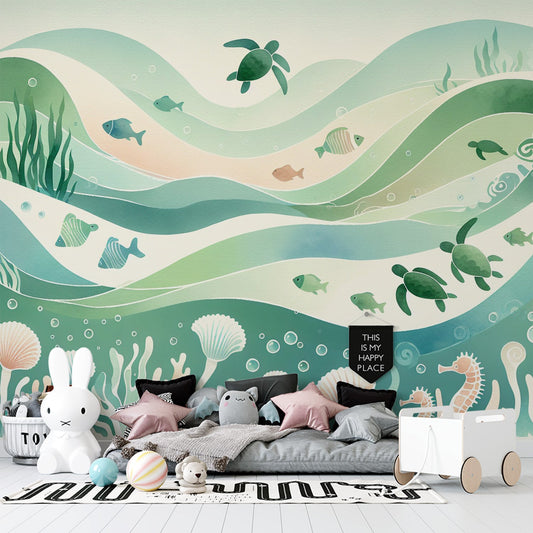 Tapete Kinderzimmer | Unterwasserwelt, Schildkröten und Fische in grüner Aquarellfarbe