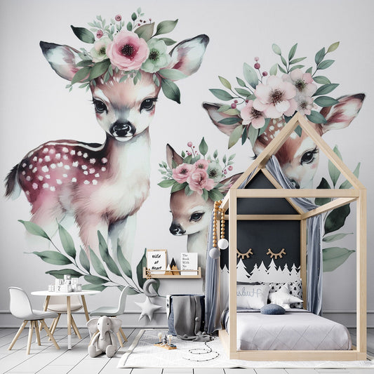 Tapete Kinderzimmer | Hirsche mit Blumenkrone in Aquarell