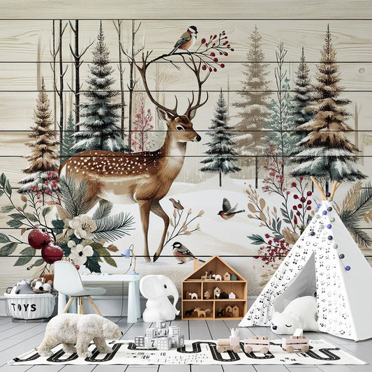 Tapete Kinderzimmer | Hirsch und Wald auf Holzimitat Hintergrund