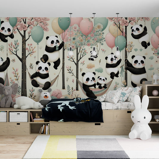 Tapete Kinderzimmer | Pandas, Luftballons und Hängematten in den Bäumen