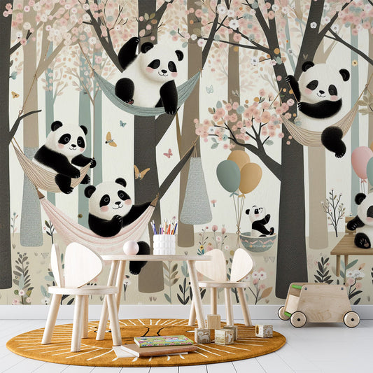 Tapete Kinderzimmer | Pandas in Hängematten sitzend