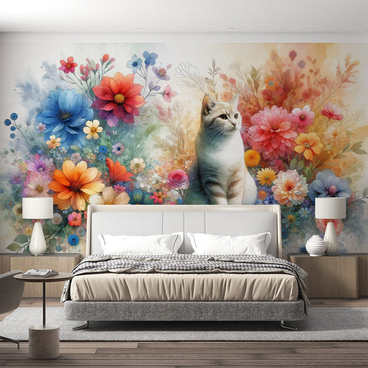 Katze Tapete | Aquarell bunter Blumen