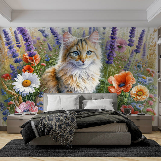 Katze Tapete | Blumenfelder in Aquarell