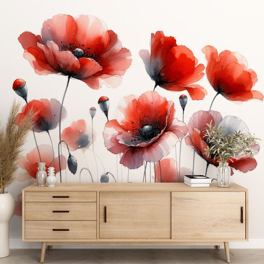 Tapete Mohnblume | Rotes Aquarell auf weißem Hintergrund
