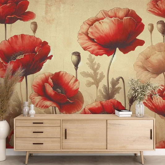 Tapete Mohnblume | Rote Blumen mit Vintage-Hintergrund