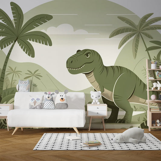 Dinosaurier Tapete | Illustration eines T-Rex in einem grünen Dschungel