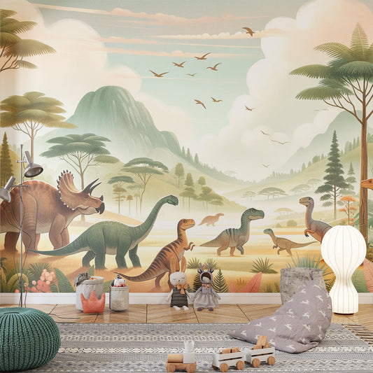 Dinosaurier Tapete | Sanfte Farbtöne prähistorische Landschaft