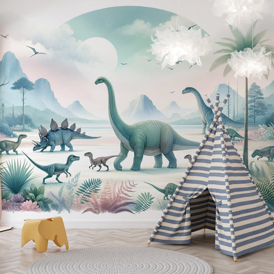 Dinosaurier Tapete | Vollmond und pastellfarbene Dinosaurier