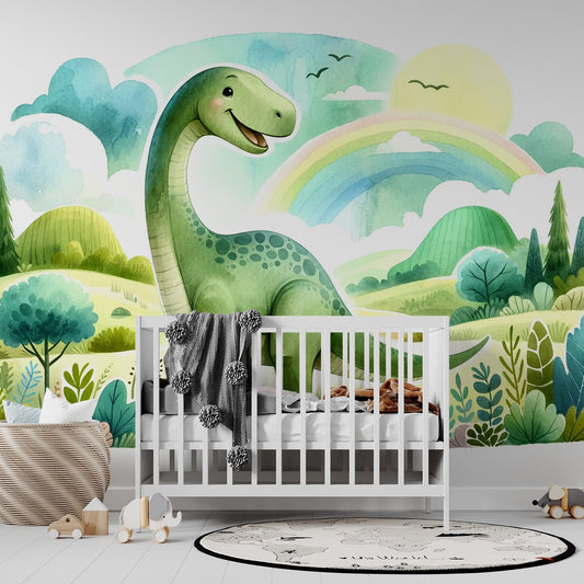 Kindertapete Dinosaurier| Aquarell eines grünen Diplodocus in einer Wiese