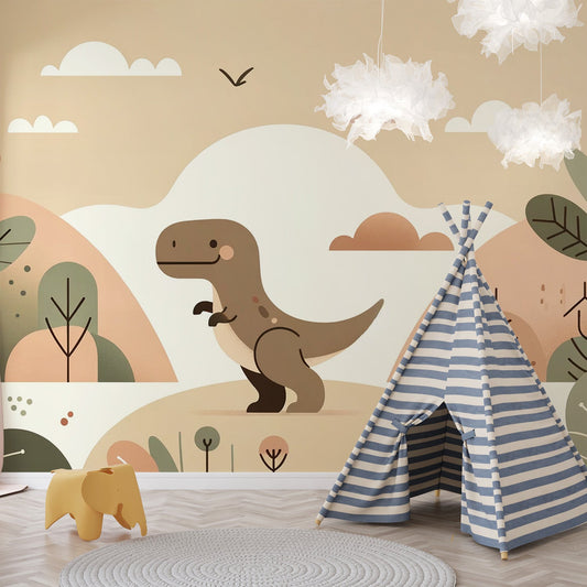 Kindertapete Dinosaurier | Kleiner Dino in seinem Terrakotta-Dschungel