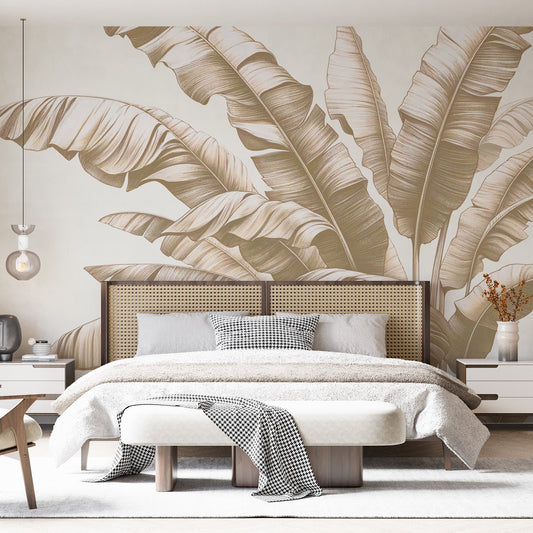 Tapete Blätter beige | Vintage-Stil Bananenblätter-Bouquet