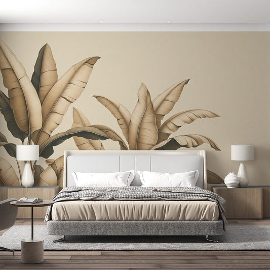 Tapete Blätter beige | Beige Bananenblätter auf hellem Hintergrund