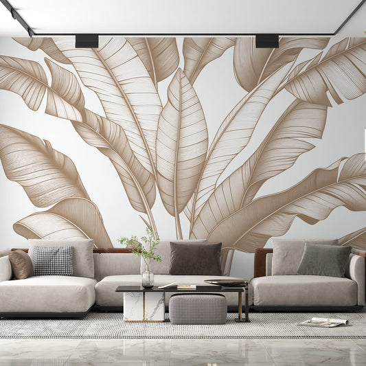 Tapete Blätter beige | Bananenblätter Design auf weißem Hintergrund