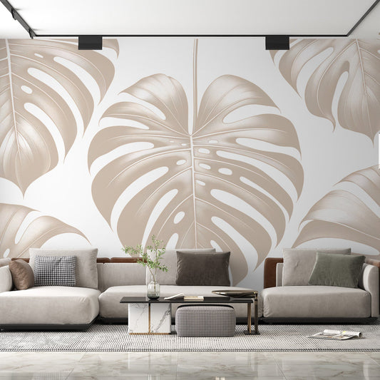Tapete Blätter beige | Realistische beige Monstera-Blätter
