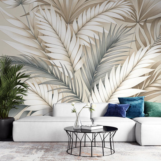 Tapete Blätter beige | Tapete mit beigen Palmenblättern