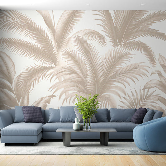 Tapete Blätter beige | Vintage-Palmblätter auf hellem Hintergrund
