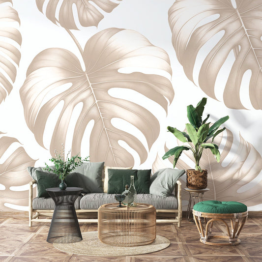 Tapete Blätter beige | Großes Monstera-Blattdesign in Beige