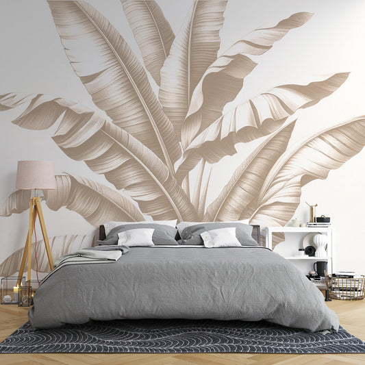 Tapete Blätter beige | Tapete mit heller Hintergrund und Bananenblattmuster