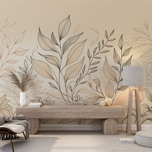 Tapete Blätter beige | Linienkunstkomposition von beigefarbenen Blättern