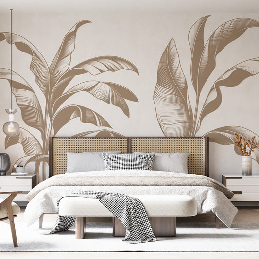 Tapete Blätter beige | Linienkunst von Bananenblättern