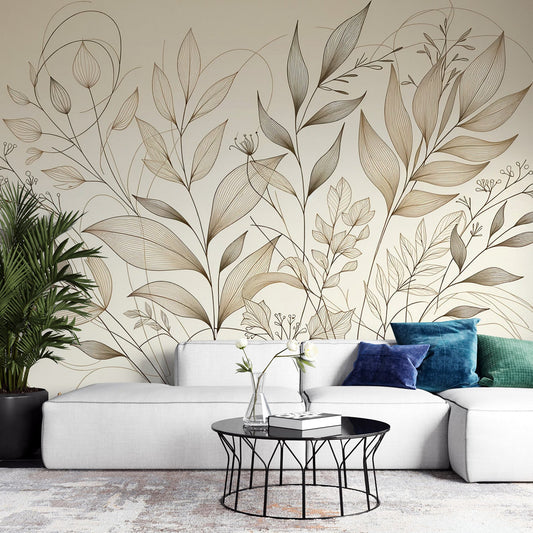 Tapete Blätter beige | Tapete mit verschiedenen beigen Blattmotiven in Linienzeichnung